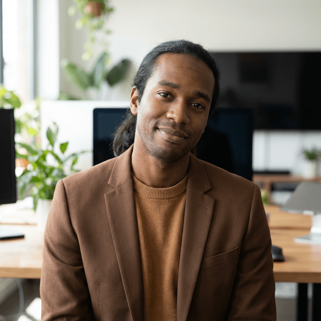 Male cybersecurity expert in his early 40s, white, professional and analytical demeanor