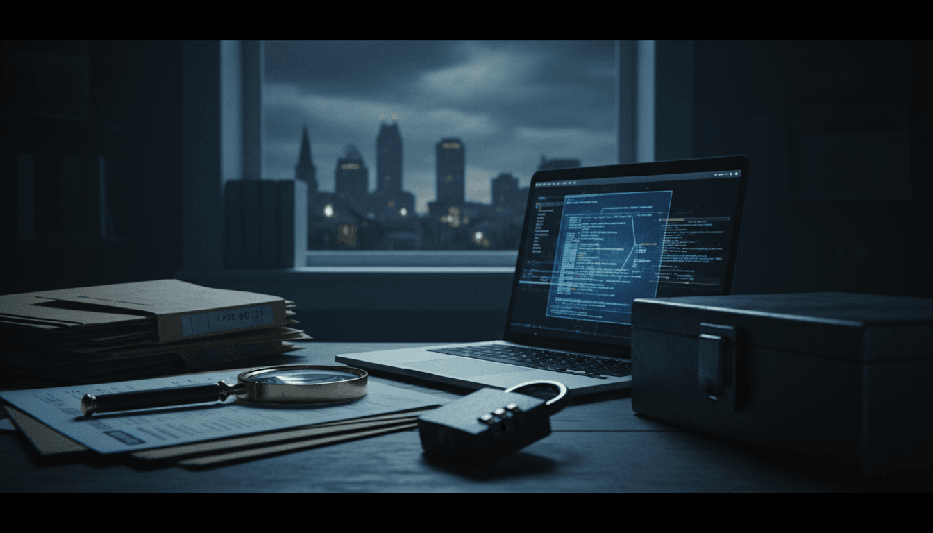 Private investigator workspace with laptop and financial documents