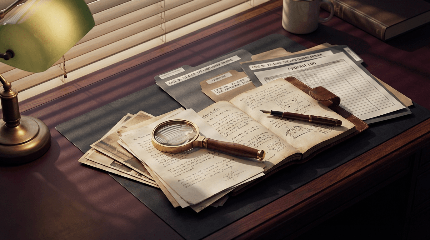 Investigators hands examining financial documents under a desk lamp with a laptop showing a blurred blockchain graph