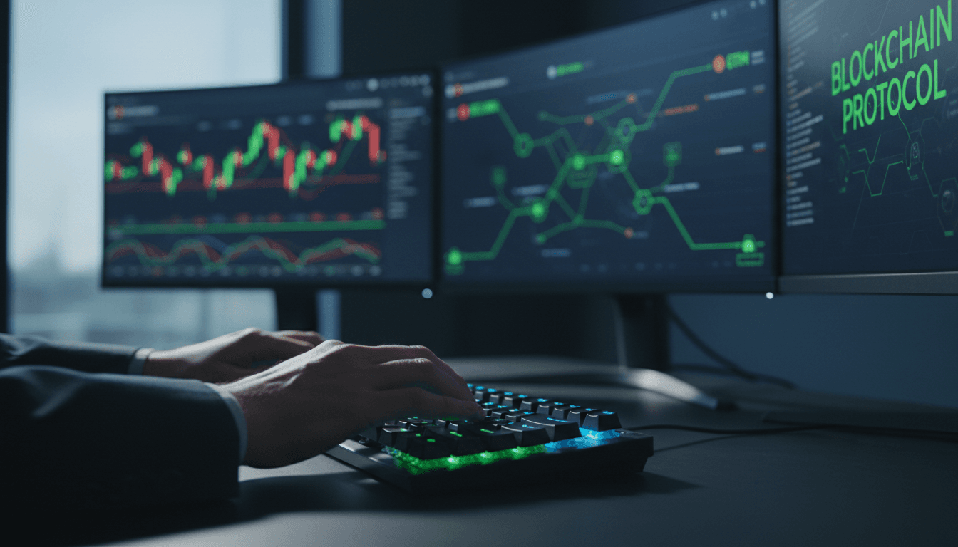 Computer screen with glowing blockchain transaction network nodes