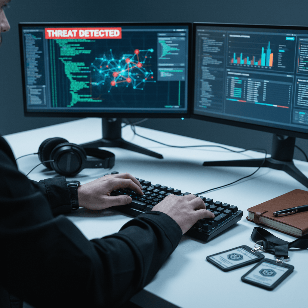 Cybersecurity analyst monitoring threat detection systems on dual monitors in a secure operations center